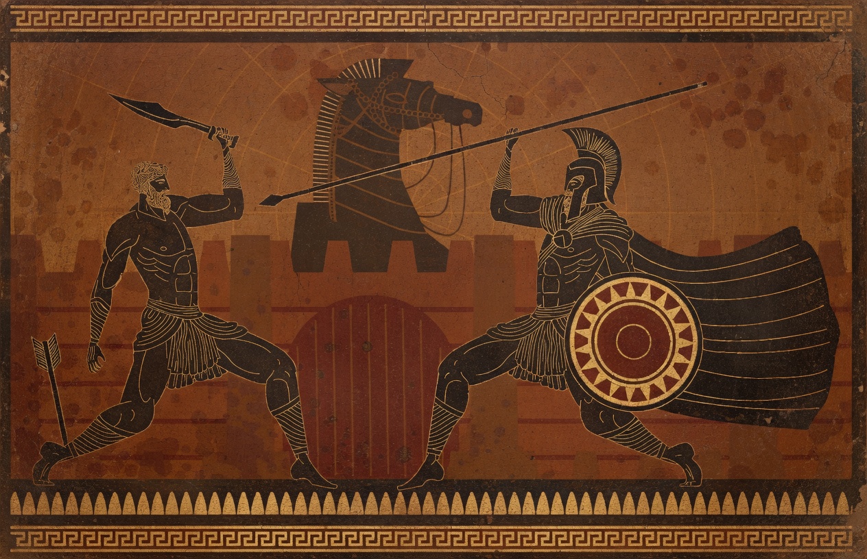 Two Greek warriors with spears, Trojan Horse in the background — red-figure pottery style