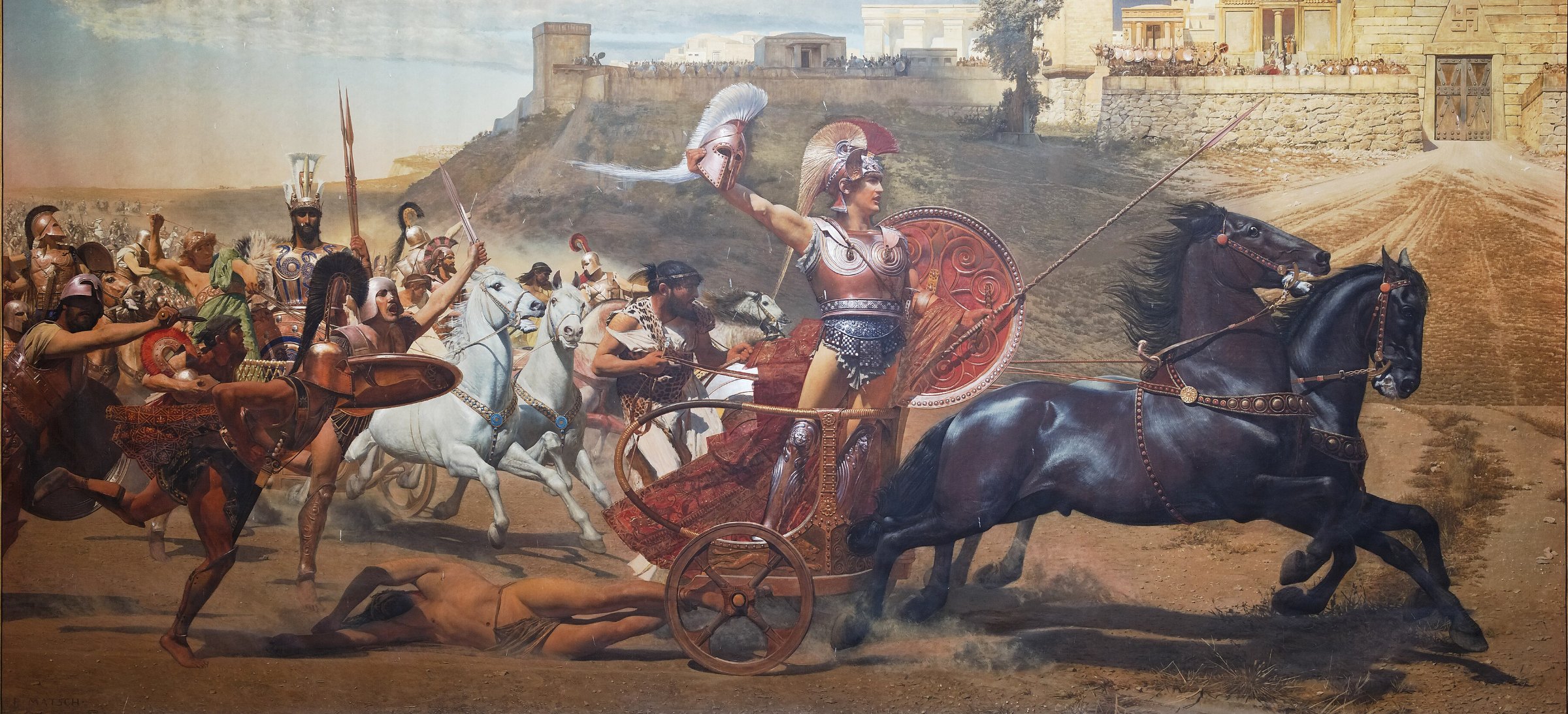 Achille sur son char, le bras levé, traînant le corps d'Hector devant les remparts de Troie sous le regard des Troyens, dans la fresque de Franz Matsch Le Triomphe d'Achille